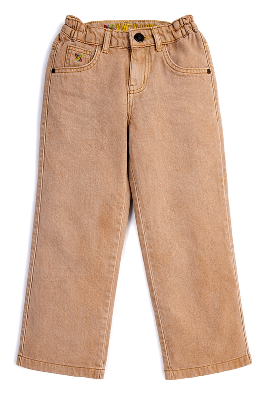 Knit N Knot Girls Tan Brown Wide Leg Cotton Denim Jeans with Elasticated Waist