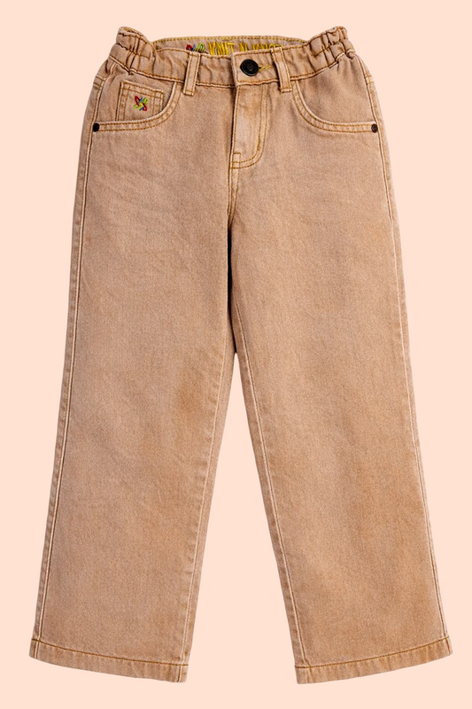 Knit N Knot Girls Tan Brown Wide Leg Cotton Denim Jeans with Elasticated Waist