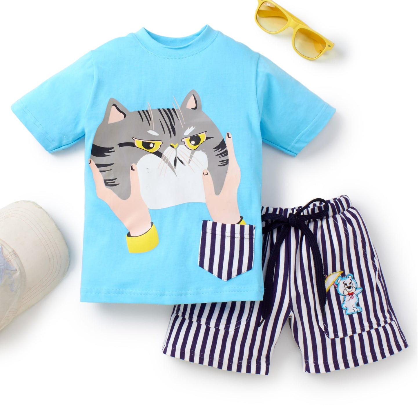 Knit N Knot Boys' Sky Blue Cat Print T-shirt and Shorts Combo Set