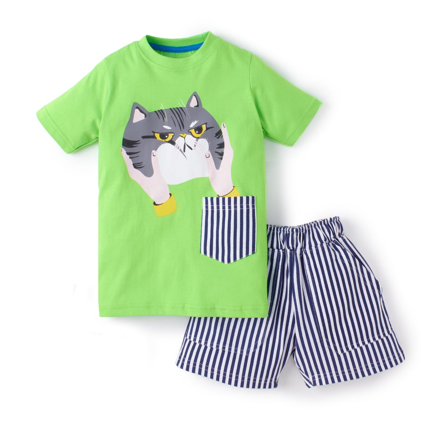 Knit N Knot Boys' Lime Green Cat Print T-shirt and Shorts Combo Set