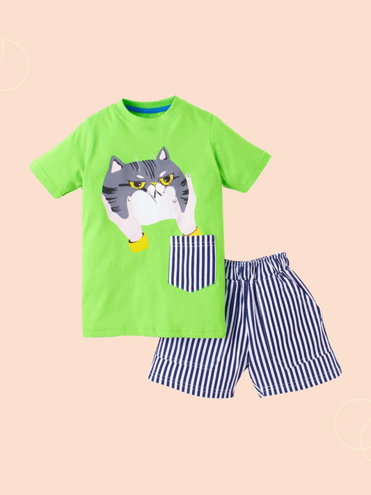 Knit N Knot Boys' Lime Green Cat Print T-shirt and Shorts Combo Set