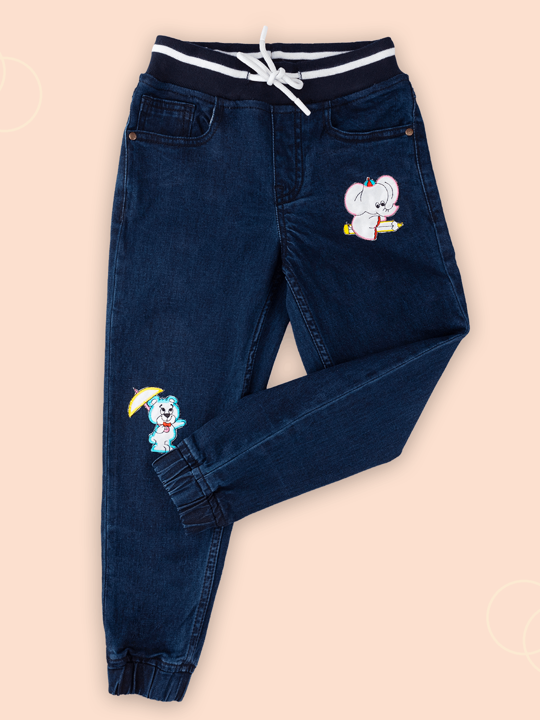 Knit N Knot Boys' Stretchable Navy Jogger with Embroidery Design