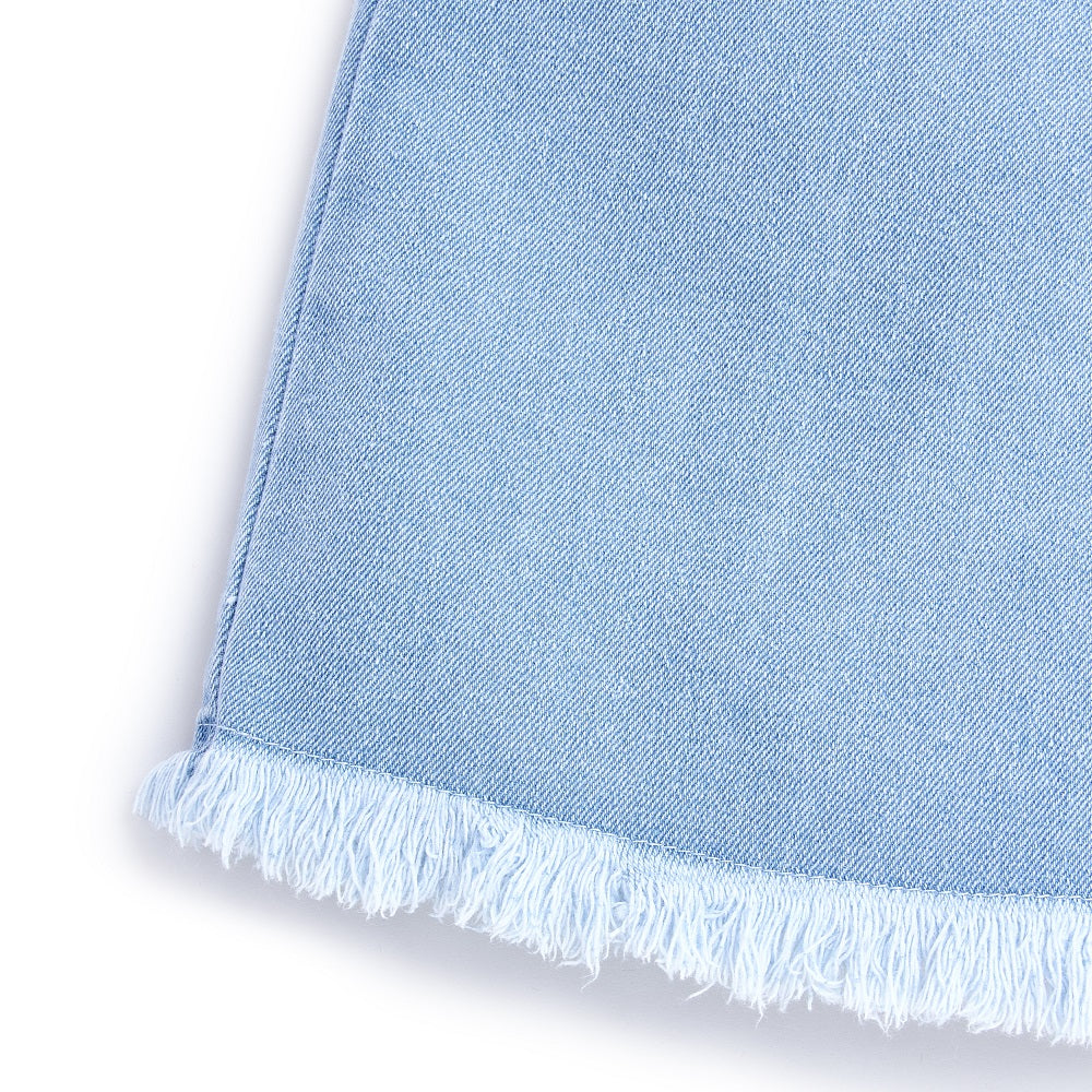 Knit N Knot Girls' Wide Flaring Fit High Waist Light Blue Tearing Jeans with Bottom Fringes