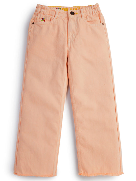 Knit N Knot Girls' Peach Wide Flaring Fit Cotton Denim Jeans with Fringed Hem