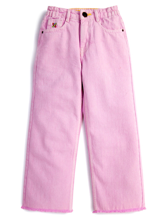 Knit N Knot Girls' Pink Wide Flaring Fit Cotton Denim Jeans with Fringed Hem