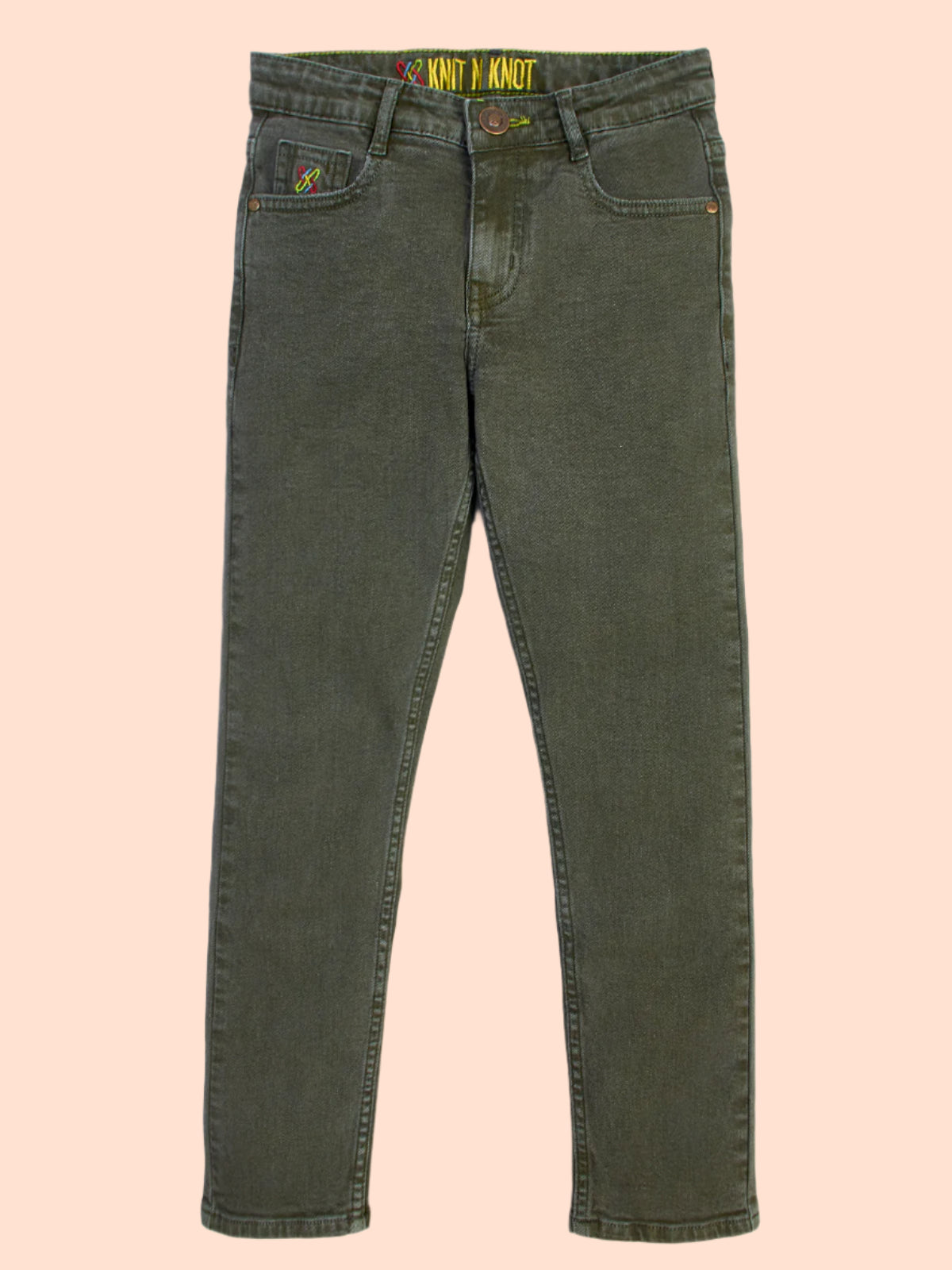 Knit N Knot Boys' Slim Fit Stretchable Olive Jeans