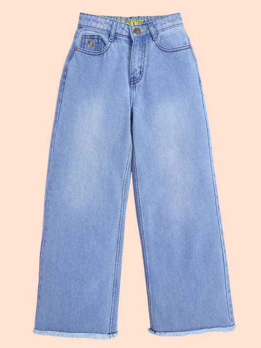 Knit N Knot Girls' Wide Flaring Fit High Waist Heavy Faded Blue Fringed Bottom Jeans