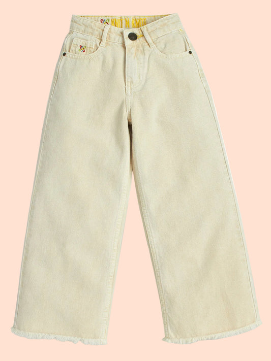Knit N Knot Girls' Wide Flaring Fit High Waist Beige Jeans