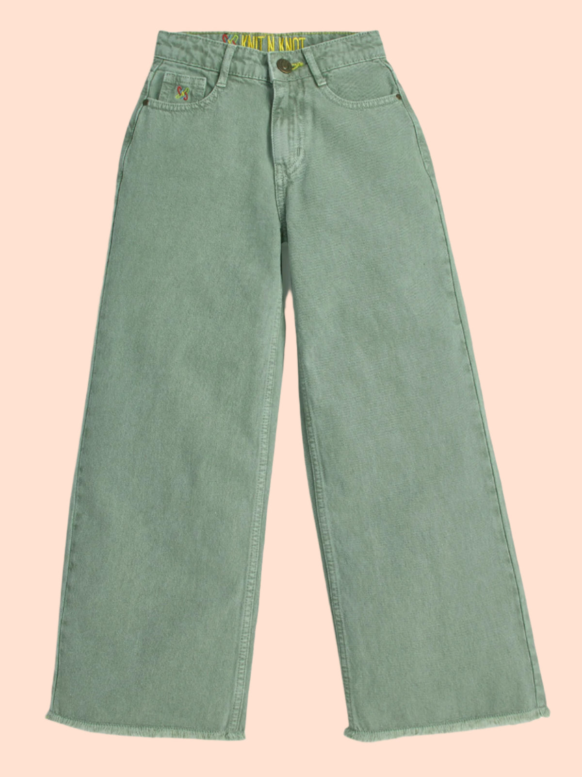 Knit N Knot Girl's Kids Olive Grey Green Wide Leg Flared Fit Relaxed Loose Colour High Waist Frayed Bottom Jeans | Regular Casual Festival Occassional Wear | Non Stretch | Adjustable Waist