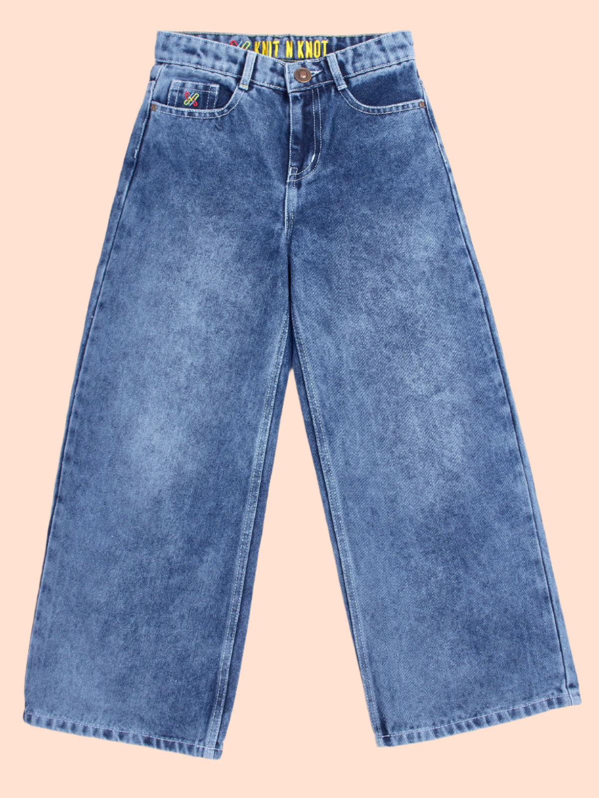 Knit N Knot Girls' Kids Premium Blue Wide Leg high Rise Flared fit, Relaxed Loose Mist Cloud Washed Bottom Effect Jeans | Regular Casual Festival Occassional Wear | Non Stretch | Adjustable Waist