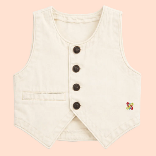 Knit N Knot Girls Beige Solid Sleeveless Waistcoat | Premium Textured Round-Neck Button Closure Casual, Party Vest Jacket Top| Stylish Casual Layering Jacket