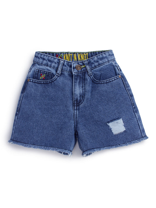 Knit N Knot Girls Blue Cloud Ripped High Waist Frayed Bottom Shorts