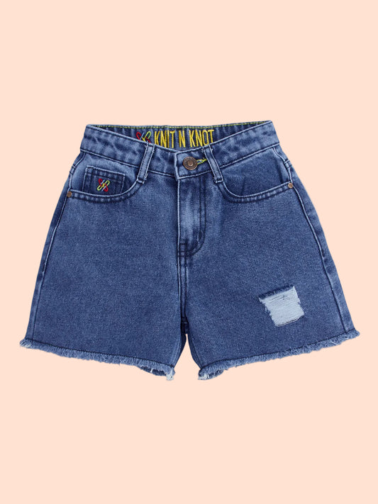 Knit N Knot Girls Blue Cloud Ripped High Waist Frayed Bottom Shorts