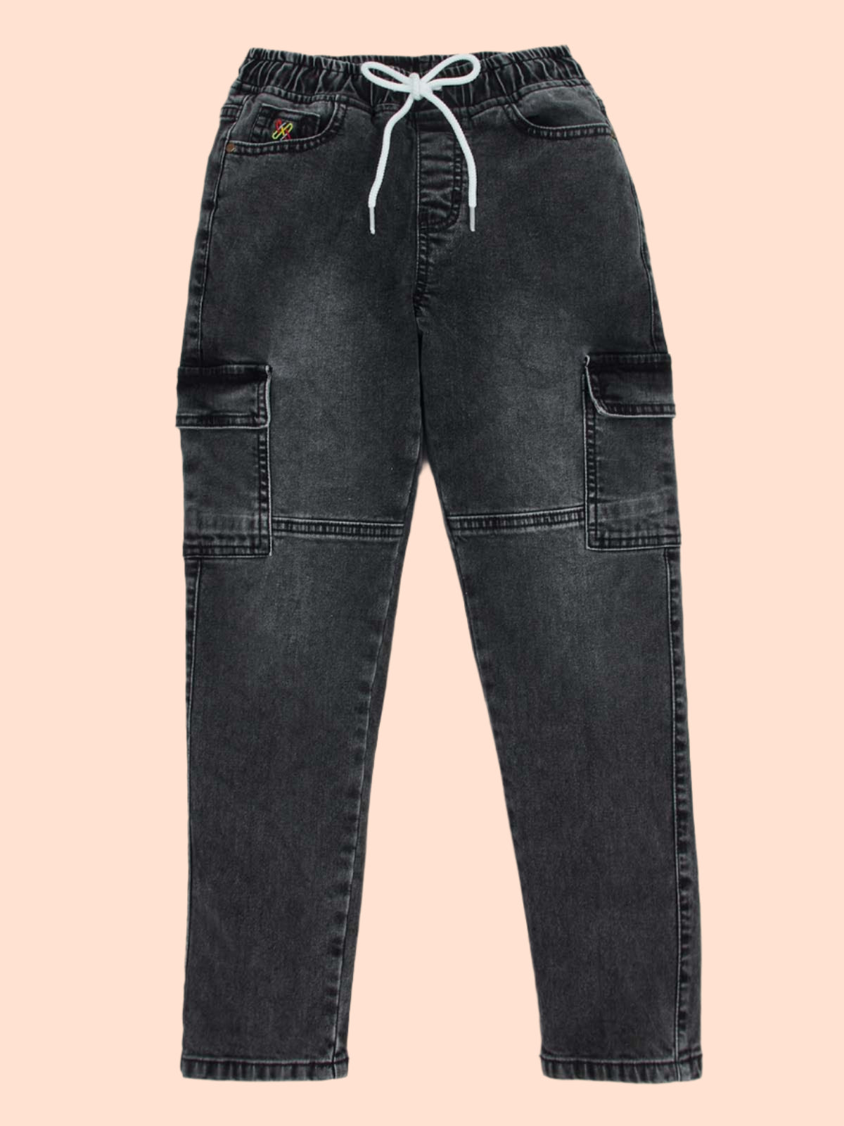 Knit N Knot Boys' Cargo Pants Stretchable Relaxed Fit, Elastic Waist with Drawstring, Stylish Black Denim Durable Comfortable, 7 Pockets, Soft Cotton, Versatile Kids’ Casual Wear