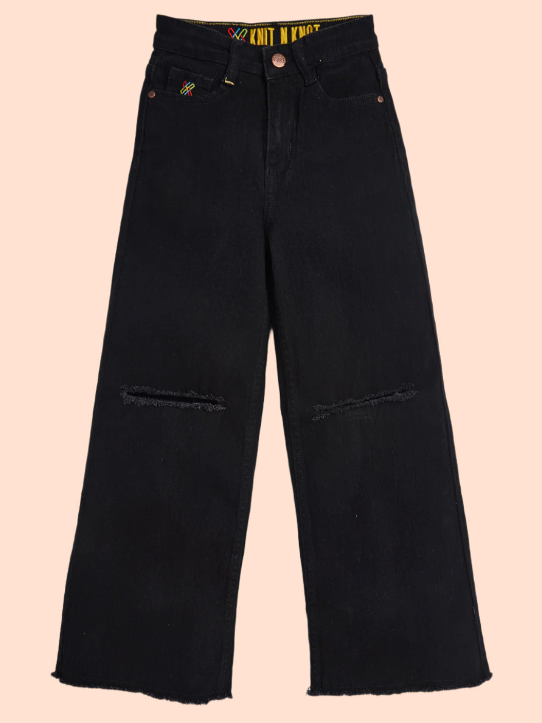 Knit N Knot Girls' Kids Premium Black Wide Leg Flared Fit Relaxed Loose high Rise Torn Ruptured Jeans | Regular Casual Festival Occassional wear | Non Stretch | Frayed Bottom | Adjustable Waist