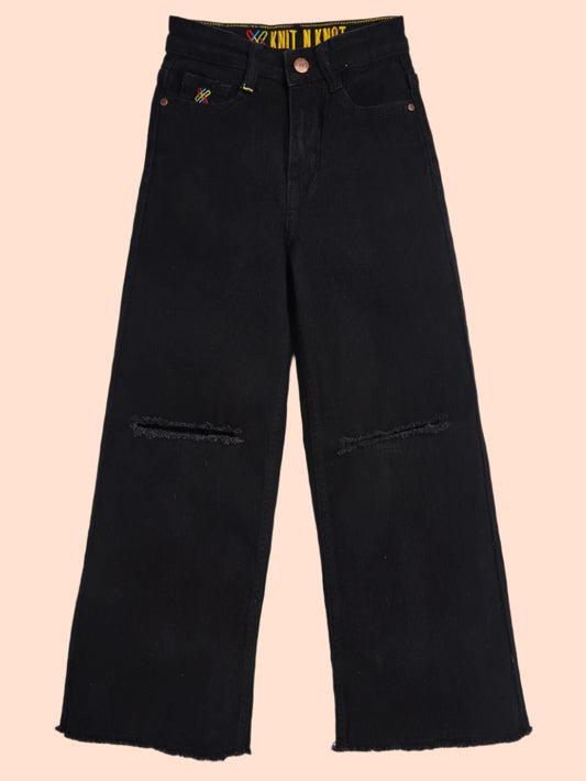Knit N Knot Girls' Wide Flaring Fit High Waist Raw Black Ripped Jeans with Bottom Fringes