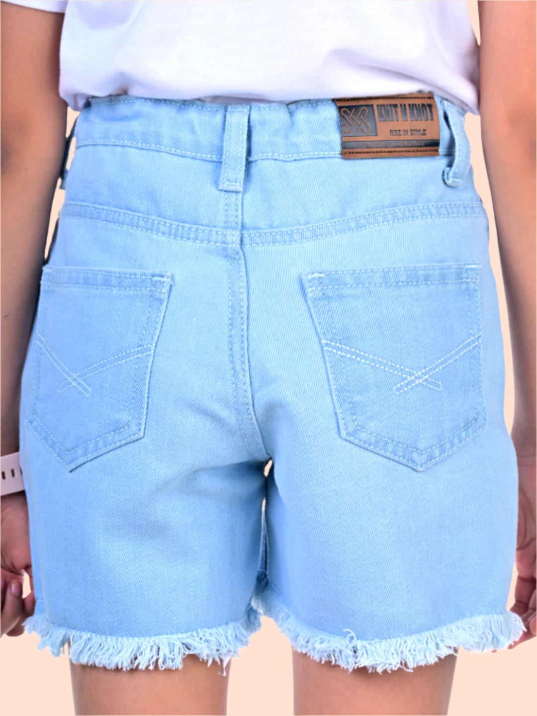 Knit N Knot Girls Cotton Ice wash, Light Blue Denim high Rise, Relaxed fit, Clean, Fashionable, Bottom Fringed Jeans Shorts for Kids| Comfortable, Trendy, Casual Wear| Adjustable Waist