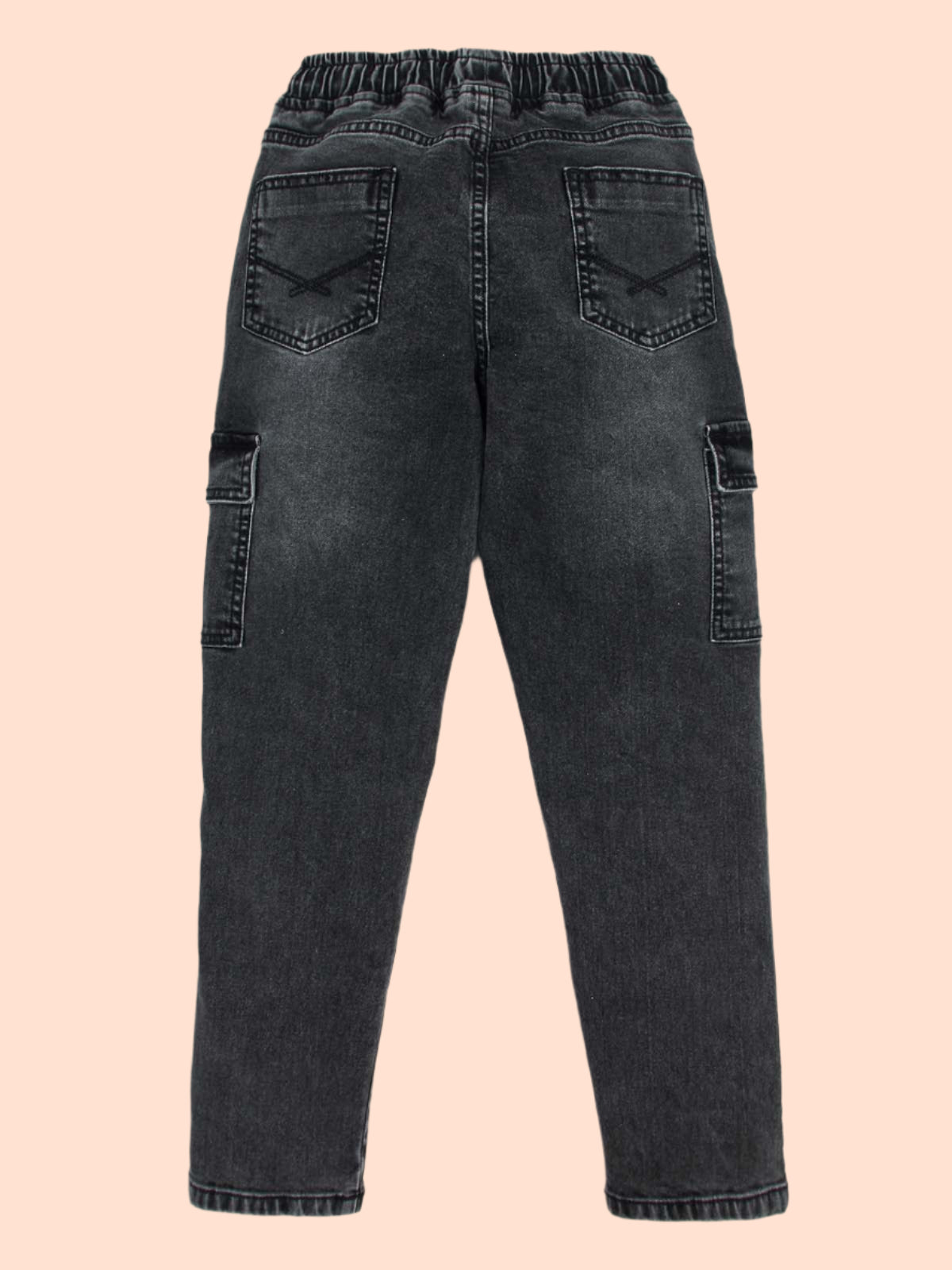 Knit N Knot Boys' Cargo Pants Stretchable Relaxed Fit, Elastic Waist with Drawstring, Stylish Black Denim Durable Comfortable, 7 Pockets, Soft Cotton, Versatile Kids’ Casual Wear