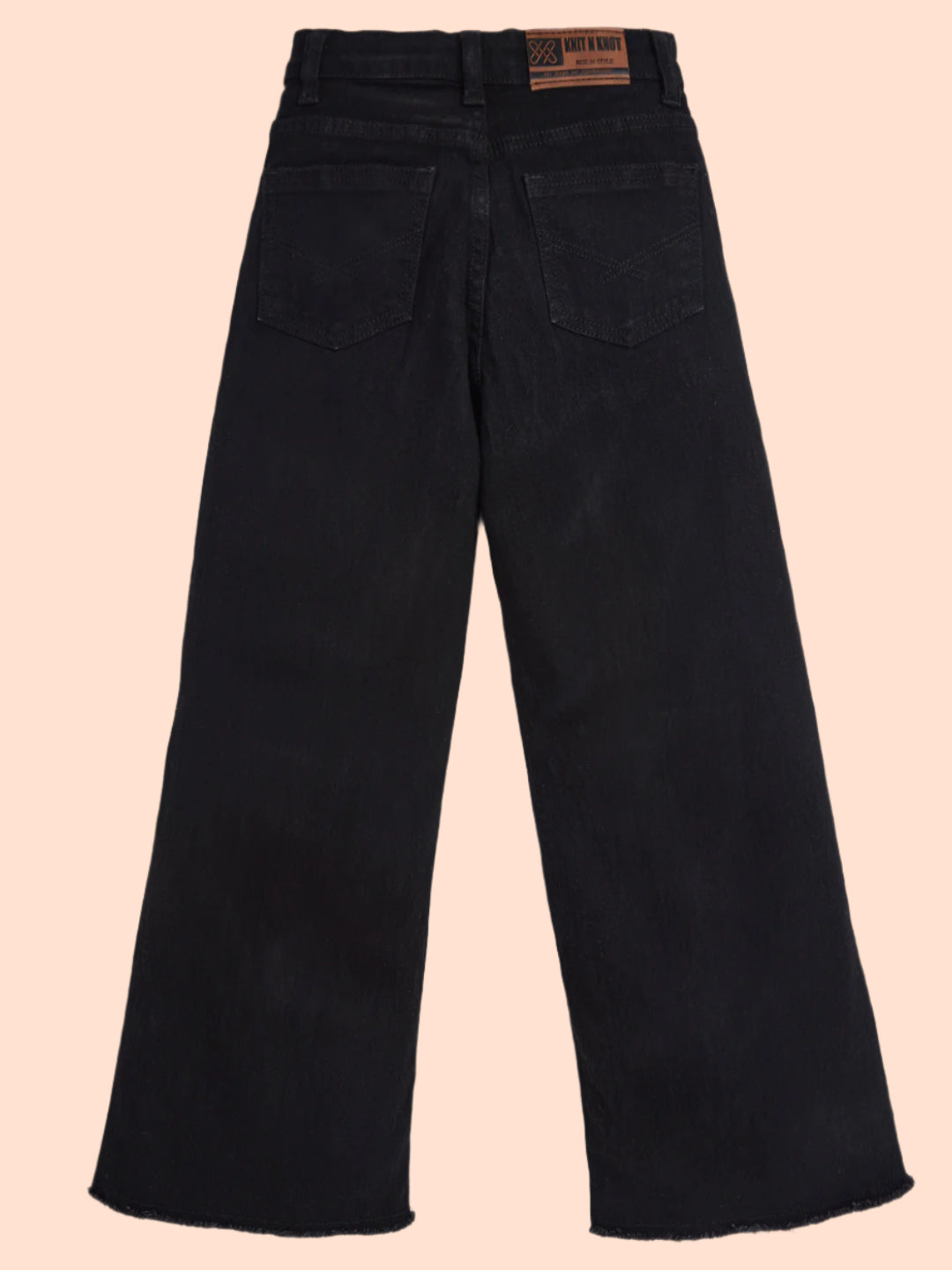 Knit N Knot Girls' Kids Premium Black Wide Leg Flared Fit Relaxed Loose high Rise Torn Ruptured Jeans | Regular Casual Festival Occassional wear | Non Stretch | Frayed Bottom | Adjustable Waist