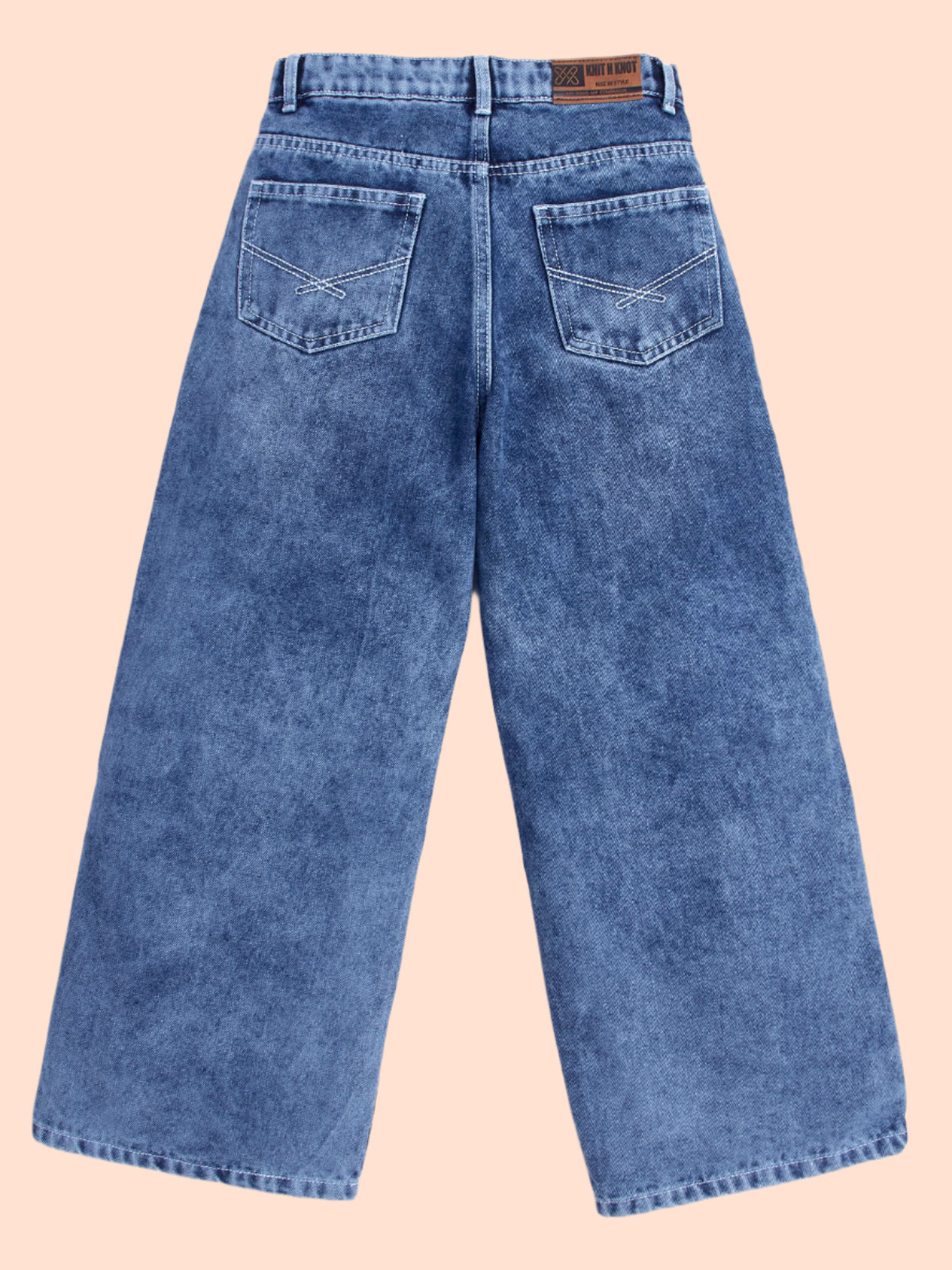 Knit N Knot Girls' Kids Premium Blue Wide Leg high Rise Flared fit, Relaxed Loose Mist Cloud Washed Bottom Effect Jeans | Regular Casual Festival Occassional Wear | Non Stretch | Adjustable Waist