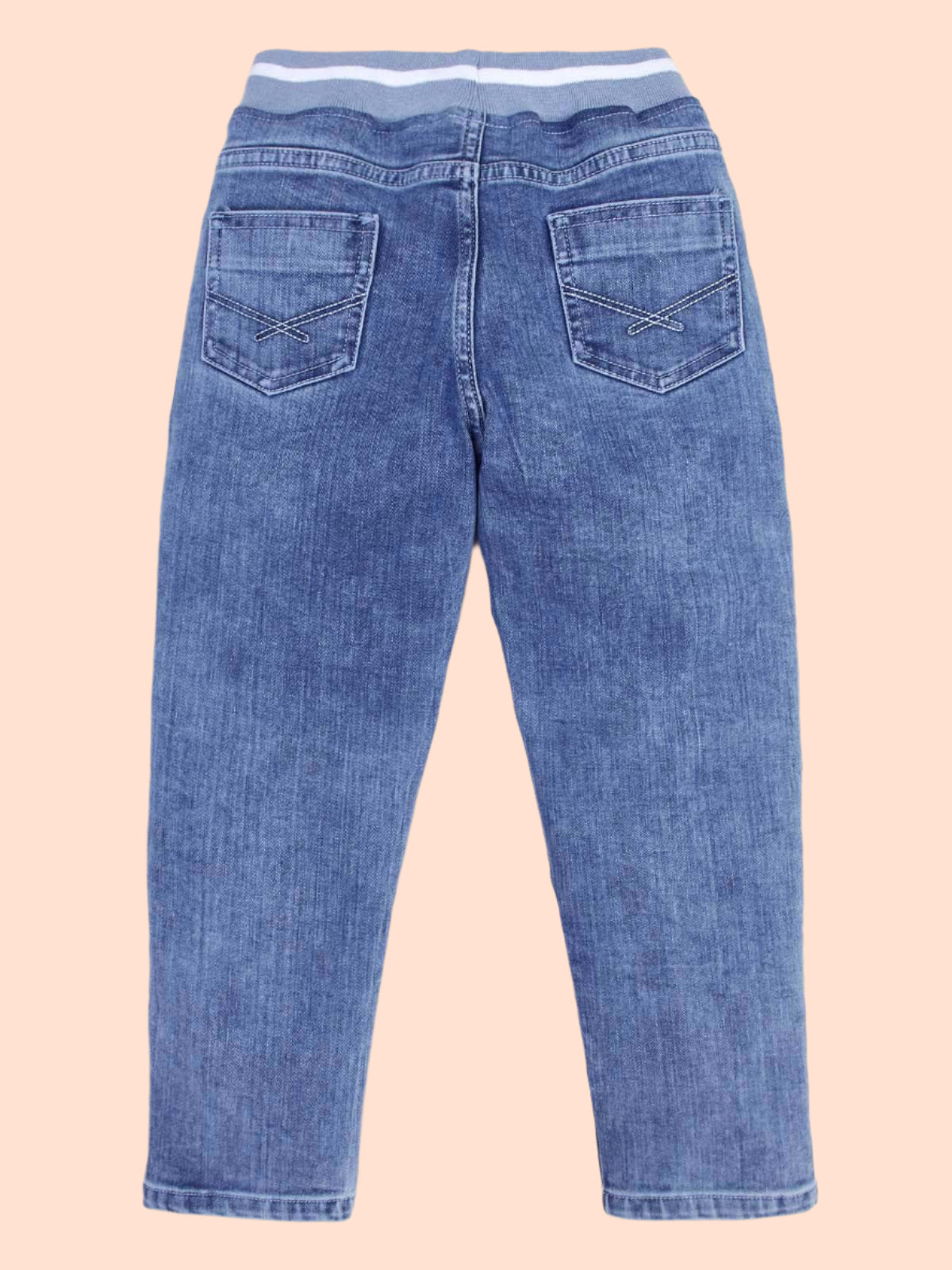 Knit N Knot Boys' Kids' Blue Denim Paneled Cut and sew Cotton Stretchable Jogger Pant Elastic Waist Drawstring Soft Cuffs Stylish Jeans | Comfortable Denim Track Pant