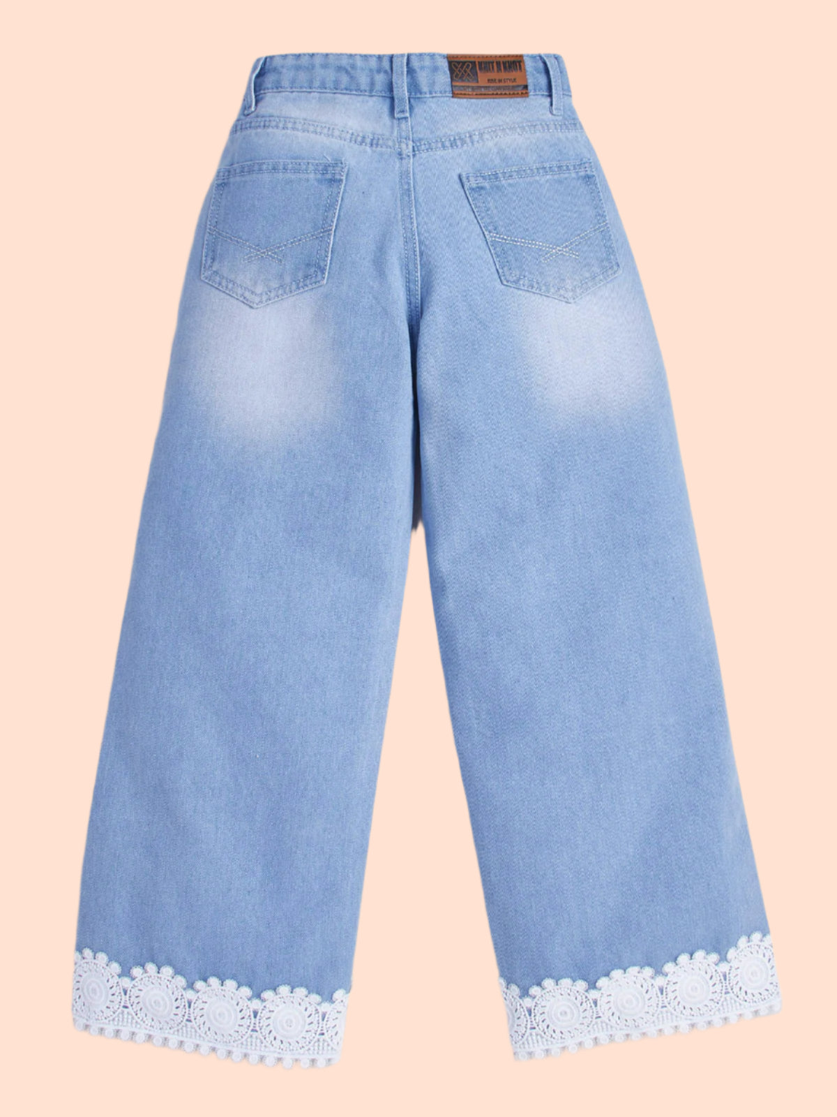 Knit N Knot Girls' Kids Light Blue Wide Leg Flared Fit Relaxed Loose high Rise Jeans with Attached Embroidered Floral Lace Bottom | Casual Festival Occassional wear | Non Stretch |Adjustable Waist