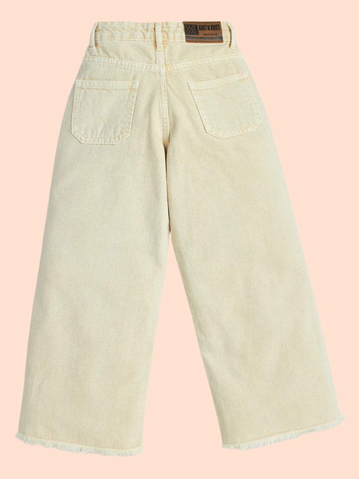 Knit N Knot Girl's Kids Beige Cream Wide Leg Flared Fit Relaxed Loose Colour High Waist Frayed Bottom Jeans | Regular Casual Festival Occassional Wear | Non Stretch | Adjustable Waist