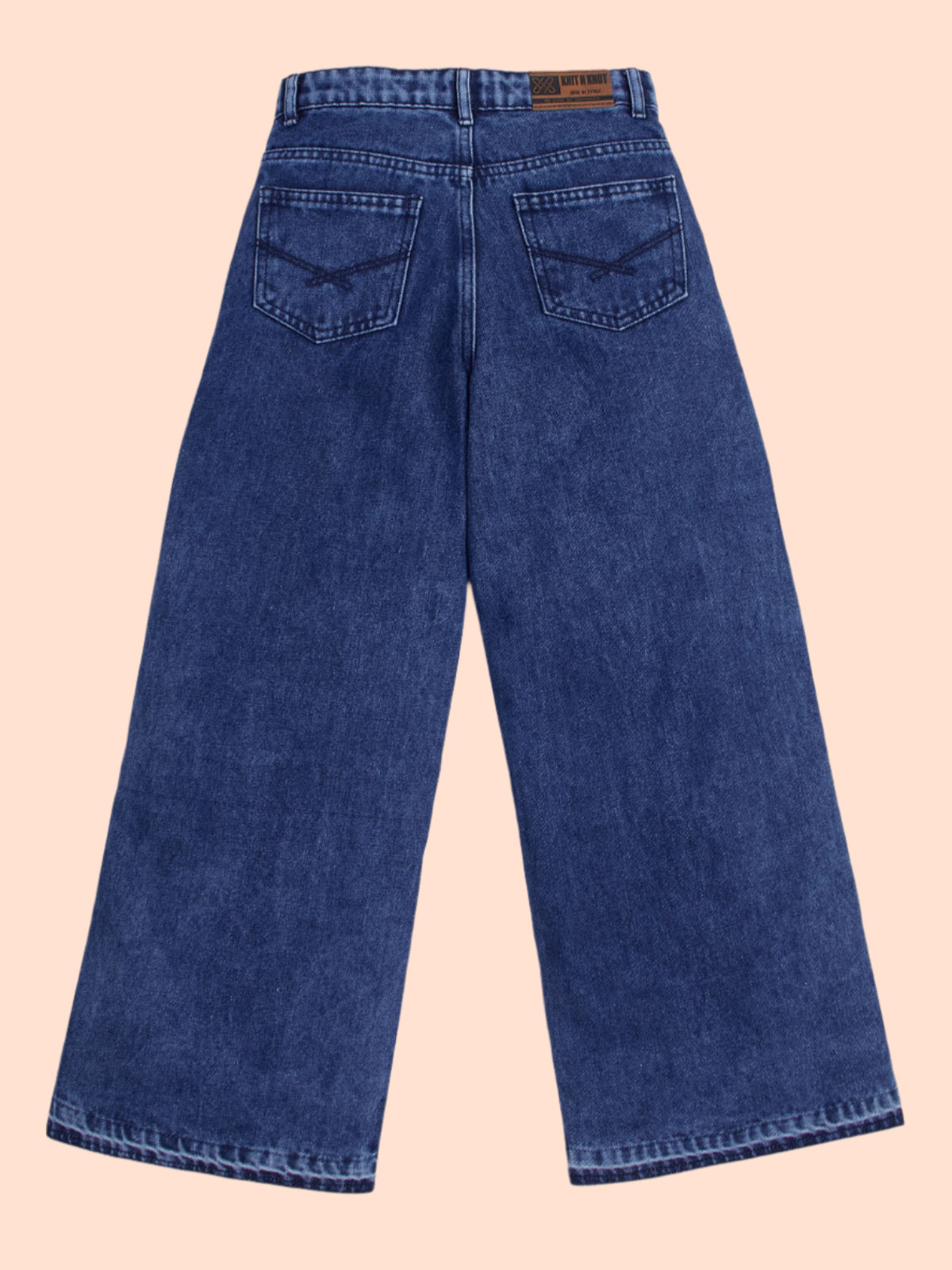 Knit N Knot Girls' Kids Premium Indigo Blue Wide Leg high Rise Flared fit, Relaxed Loose Ruptured Cloud Bottom Effect Jeans | Regular Casual Festival Occassional Wear | Non Stretch | Adjustable Waist