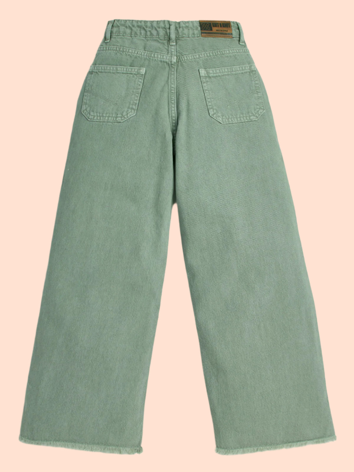 Knit N Knot Girl's Kids Olive Grey Green Wide Leg Flared Fit Relaxed Loose Colour High Waist Frayed Bottom Jeans | Regular Casual Festival Occassional Wear | Non Stretch | Adjustable Waist