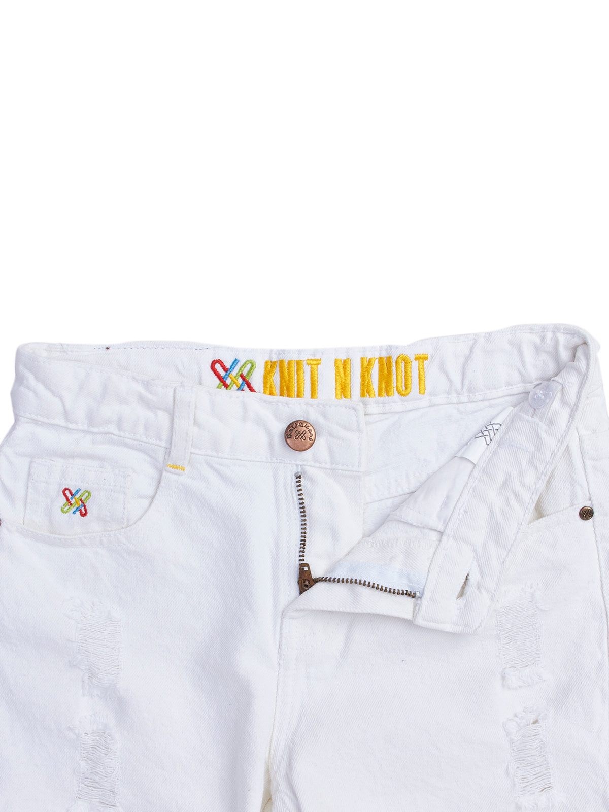 Knit N Knot White Distressed Open Fringe Shorts for Girls