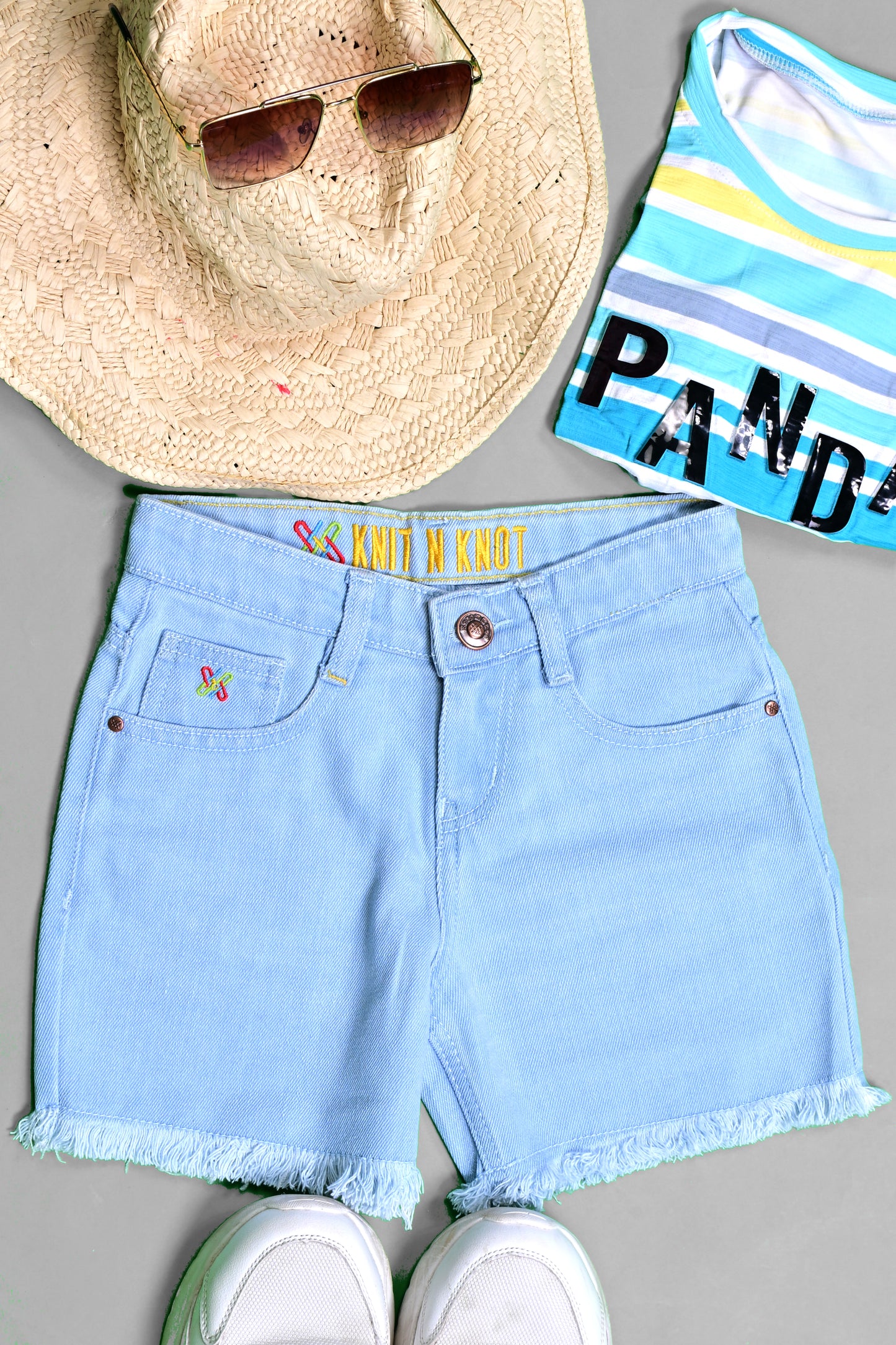 Knit N Knot Girls Cotton Ice wash, Light Blue Denim high Rise, Relaxed fit, Clean, Fashionable, Bottom Fringed Jeans Shorts for Kids| Comfortable, Trendy, Casual Wear| Adjustable Waist
