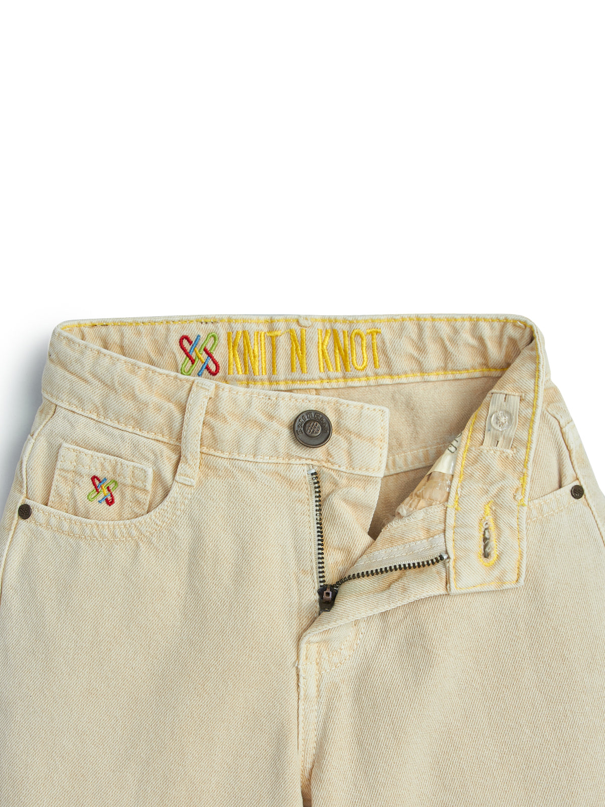 Knit N Knot Girl's Kids Beige Cream Wide Leg Flared Fit Relaxed Loose Colour High Waist Frayed Bottom Jeans | Regular Casual Festival Occassional Wear | Non Stretch | Adjustable Waist