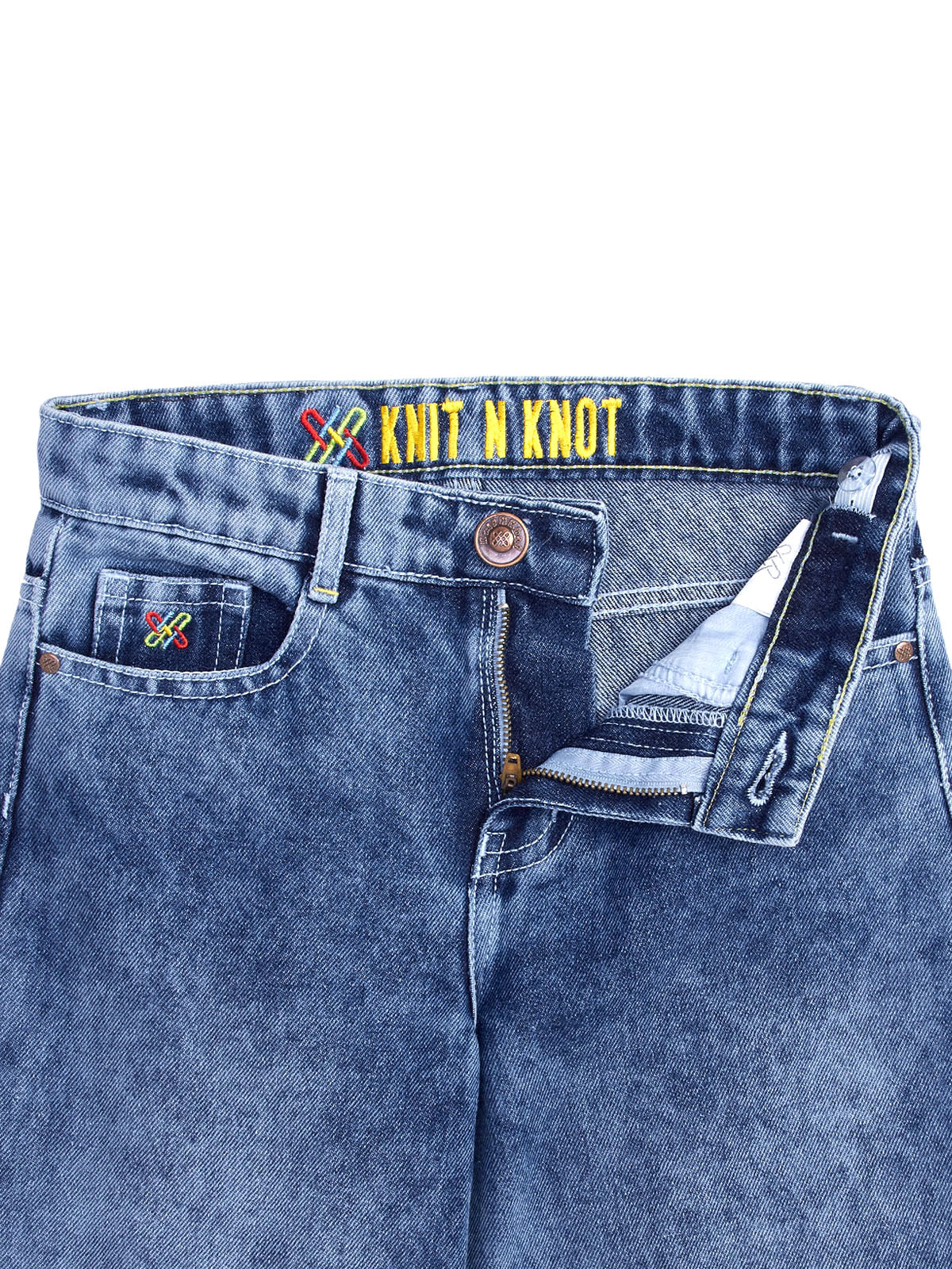 Knit N Knot Girls' Kids Premium Blue Wide Leg high Rise Flared fit, Relaxed Loose Mist Cloud Washed Bottom Effect Jeans | Regular Casual Festival Occassional Wear | Non Stretch | Adjustable Waist