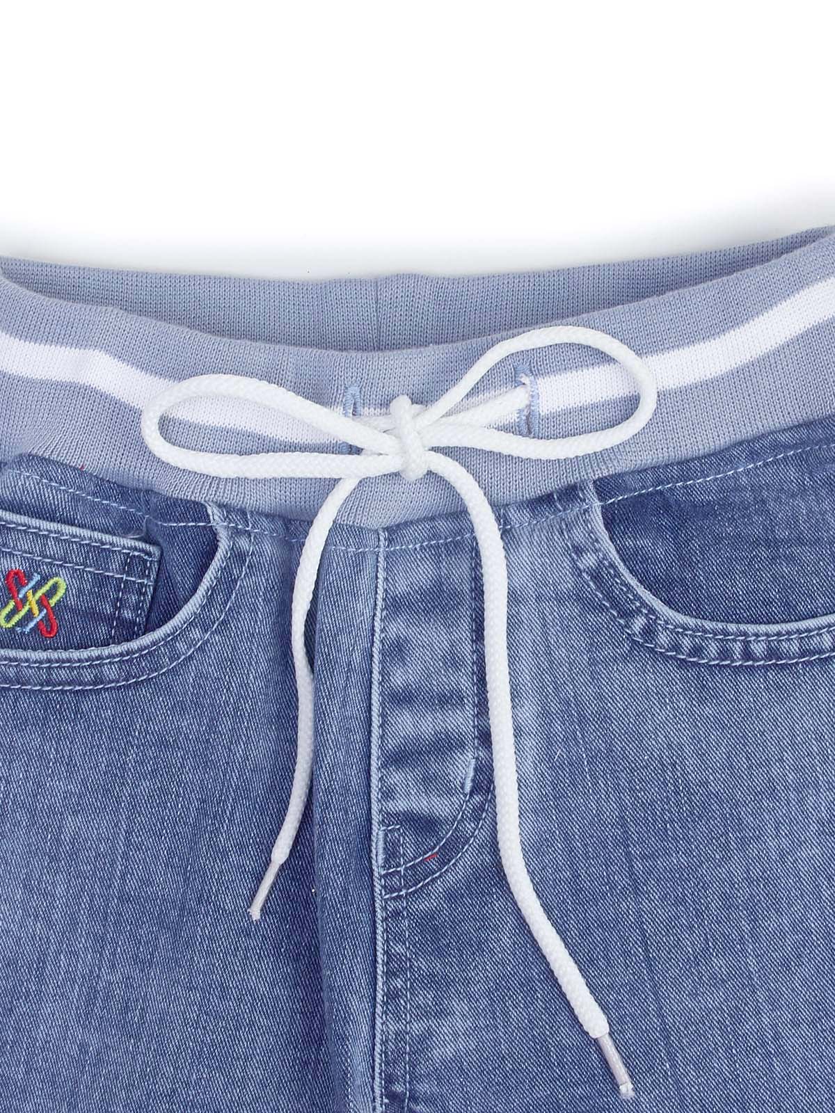 Knit N Knot Boys' Kids' Blue Denim Paneled Cut and sew Cotton Stretchable Jogger Pant Elastic Waist Drawstring Soft Cuffs Stylish Jeans | Comfortable Denim Track Pant