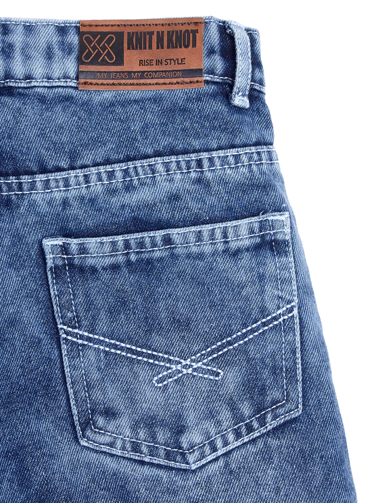 Knit N Knot Girls' Kids Premium Blue Wide Leg high Rise Flared fit, Relaxed Loose Mist Cloud Washed Bottom Effect Jeans | Regular Casual Festival Occassional Wear | Non Stretch | Adjustable Waist