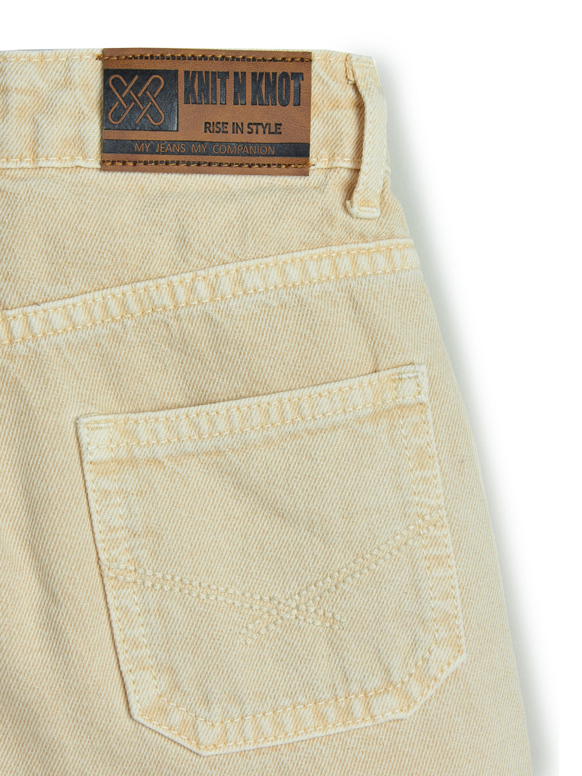 Knit N Knot Girl's Kids Beige Cream Wide Leg Flared Fit Relaxed Loose Colour High Waist Frayed Bottom Jeans | Regular Casual Festival Occassional Wear | Non Stretch | Adjustable Waist