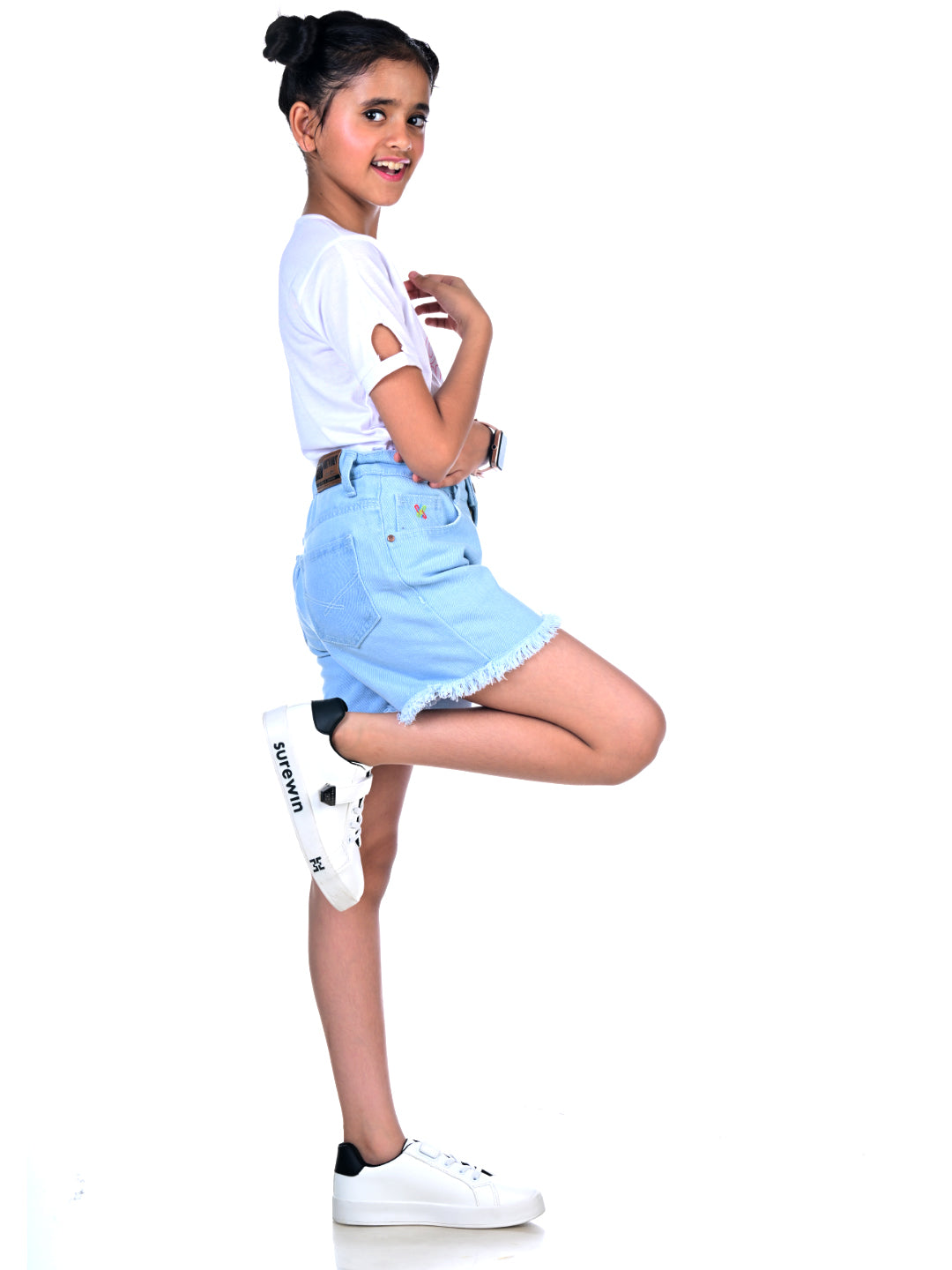 Knit N Knot Girls Cotton Ice wash, Light Blue Denim high Rise, Relaxed fit, Clean, Fashionable, Bottom Fringed Jeans Shorts for Kids| Comfortable, Trendy, Casual Wear| Adjustable Waist