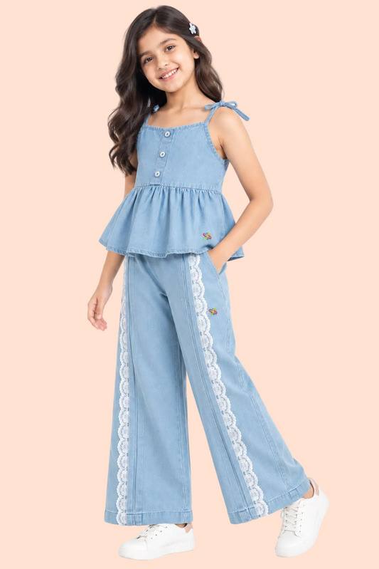 Knit N Knot Girls' Light Blue Soft Denim Top & Palazzo Co-Ord Set with Tie-Up Straps