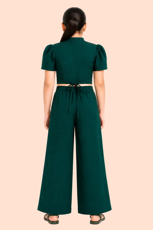 Knit N Knot Girls' Green Viscose Crepe Co-Ord Set of Mandarin Collar Puff Sleeve Top & Wide Leg Palazzo