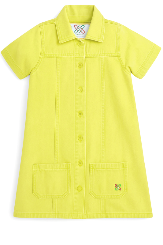 Knit N Knot Girls' Yellow Denim Shirt Dress with Front Buttons & Stitch Detailing – Cotton Dress for Girls