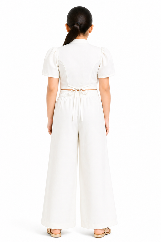 Knit N Knot Girls' White Cotton Crepe Co-Ord Set of Mandarin Collar Puff Sleeve Top & Wide Leg Palazzo