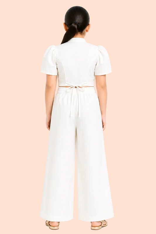 Knit N Knot Girls' White Cotton Crepe Co-Ord Set of Mandarin Collar Puff Sleeve Top & Wide Leg Palazzo