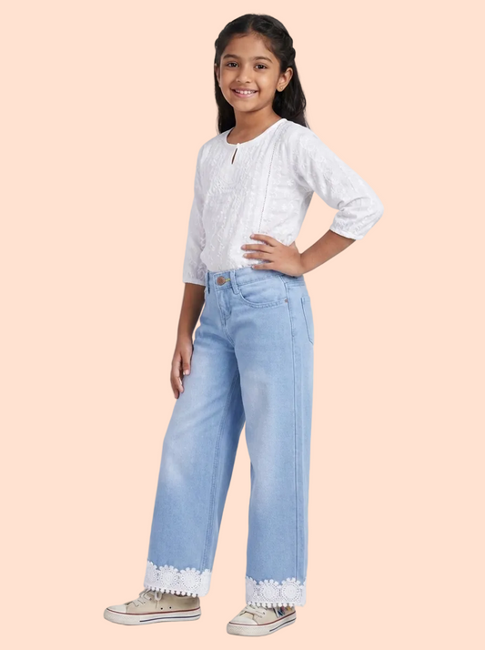 Knit N Knot Girls' Wide Flaring Fit High Waist Light Blue Jeans with Floral Lace Bottom