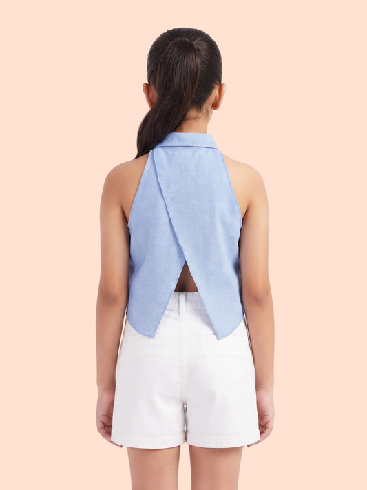 Knit N Knot Girls' Light Blue Denim Sleeveless Collared Top with Asymmetric Back
