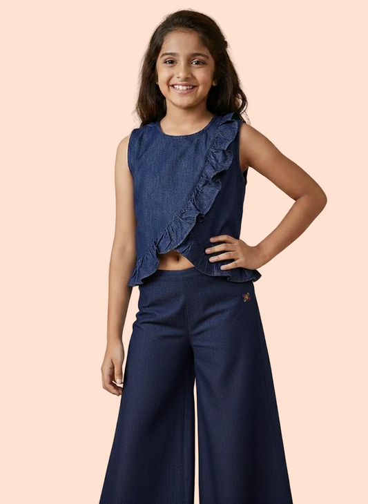Knit N Knot Girls' Indigo Denim Co-ord Set with Ruffled Top & Palazzo
