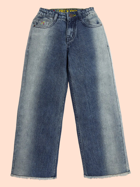 Knit N Knot Girls' Blue Side Faded High Waist Wide Flaring Fit Cotton Denim Jeans