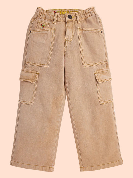 Knit N Knot Girls' Cotton Denim Cargo Jeans with Elasticated Waist | 7-Pocket Wide Leg Utility Pants (5–16 Years)