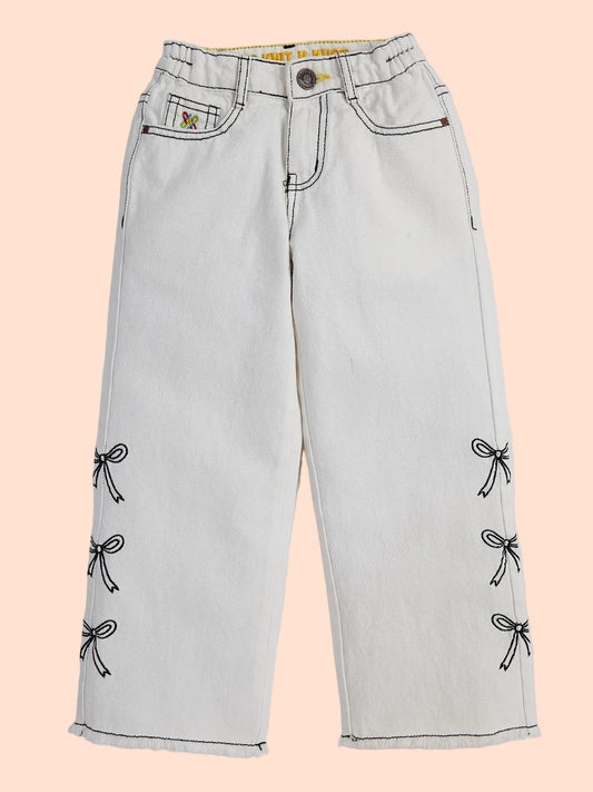 Knit N Knot Girls White Cotton Denim Jeans with Side Embroidery | Elastic Waist Stylish Wide-Leg Pants (5–16 Years)
