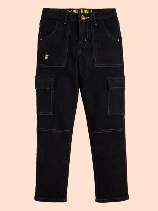 Knit N Knot Boys' Jet Black, Adjustable Waist, Regular Fit Stretchable Cargo Jeans