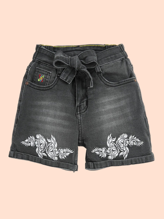 Knit N Knot Girls Black Faded Embroidered Denim Shorts with Tie-Up Belt & Elastic Waist